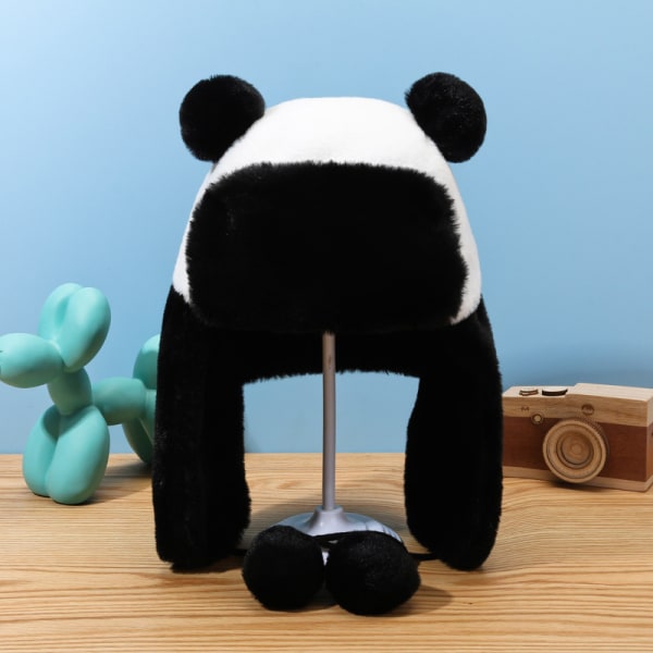 Sød Panda Plys Bucket Hat Dame Vinter Varme Tyk Pilot Hat Koldsikker sort og hvid ørehætte Vinter Udendørs One-size-passer-alle