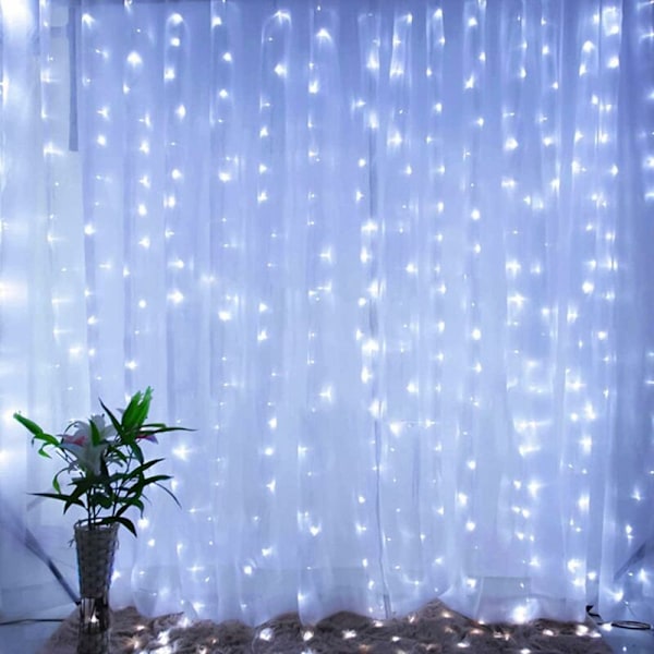 LumiChristmass gardin, 3 x 3M LED lysgardin 300LEDs, 8 lysmoduser, fjernkontrolltimer, vindusdekorasjon, bryllup, hage, rom (