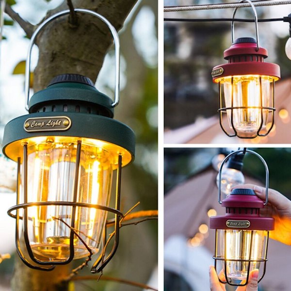 Camping Bärbar Retro Lykta Vintage Tältbelysning Lykta USB Laddningsbar LED-lampa Hängande Nödlampa Grön