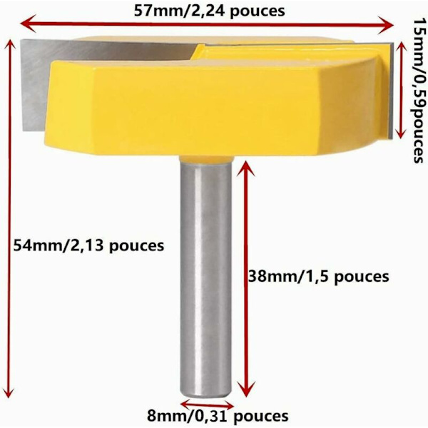 8 mm:n reunoitin, pohjan puhdistava pinnan tasoitusleikkuri, T-kisko T-ura reunoitin, 8 x 57 mm pohja, keltainen terä