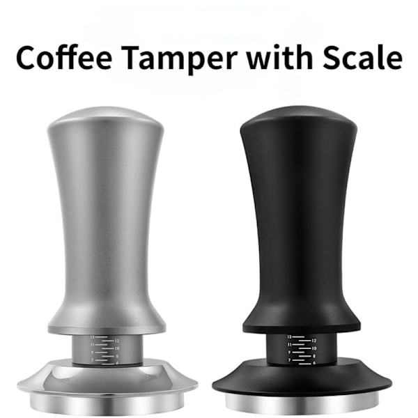 Justerbar Dybde Kaffetamper med Vektskala 30Lb Fjærer Kalibrert Tampning Rustfritt Stål Flat Bunn Svart 53Mm