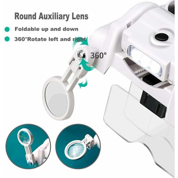 Suurennuslasit otsalle - Valoilla varustetut suurennuslasit 3 LED-valolla - 5 irrotettavaa linssiä 1.0X - 3.5X - 8X lisälinssi - säädettävä pääpanta