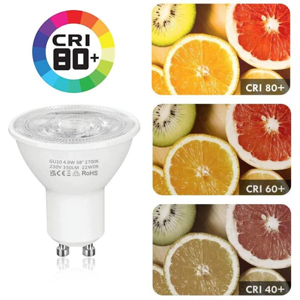 GU10 LED-pære, dæmpbar, LED-spottype, 4,9 W (svarende til 50 W halogen), varm hvid 2700 Kelvin 350 lumen, pakke med 10 [energiklasse G]