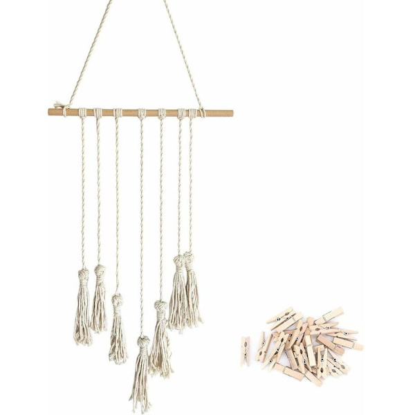 Ripustuskuvakehyksenäyttö, käsityönä valmistettu makrameen ripustuskuvien järjestäjä boho-koti sisustukseen, DIY 25 puuklipsillä (Beige)