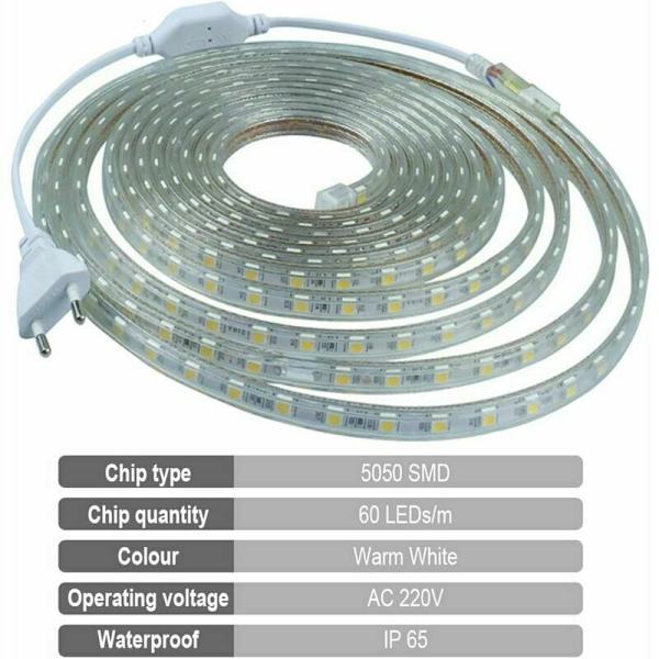 1m LED-remsa - varmvit, 5050 SMD remsa 60 LED/m, ljusstark bakgrundsbelysning, 220V 230V remsa, IP65 vattentät, DIY-dekoration för kök, sovrum,