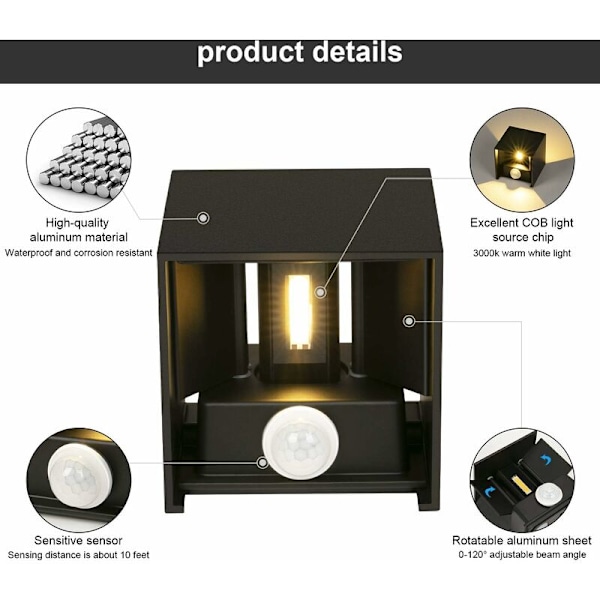 2 stk. LED Udendørs Vægflamme 12W med Bevægelsessensor 3000K Vægflamme Udendørs Lys IP65 Vægflamme med Justerbar Strålevinkel Op Ned Indendørs / Udendørs