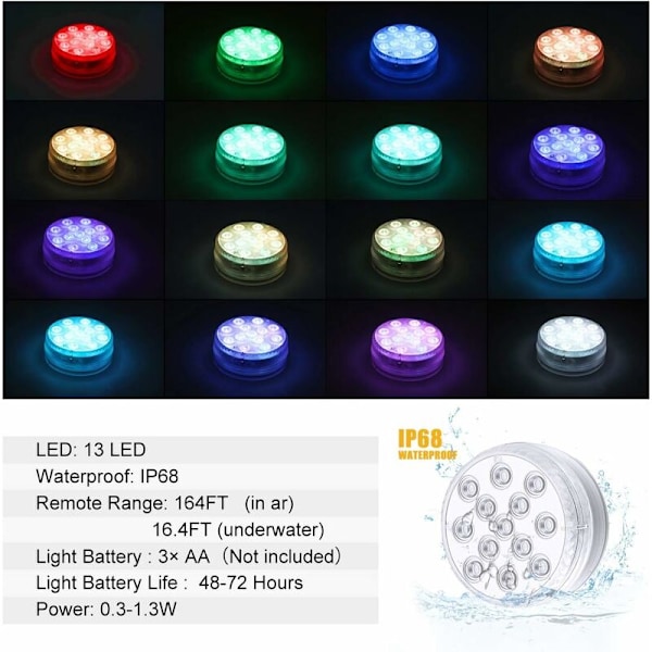 2 stk. Neddykkelige LED-lys, 13 LED'er Ekstra store undervands IP68 vandtætte LED-lys 30M/164ft Dybde, Lang batterilevetid til akvarium, fisketank