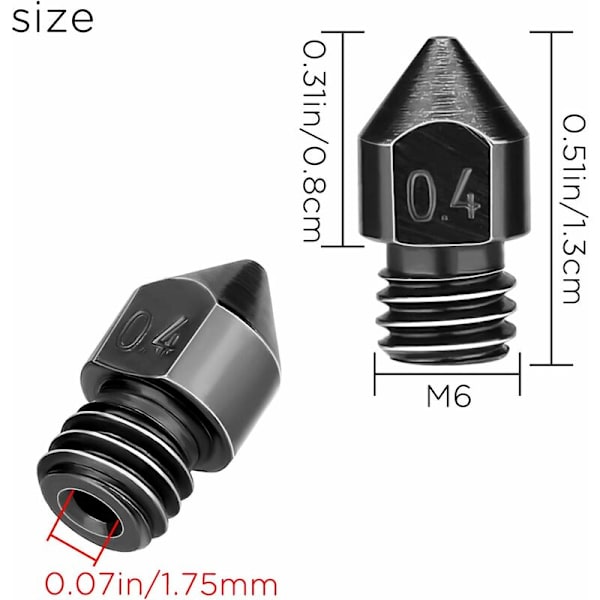 5 st extruderdysor 0,4 mm/1,75 mm, högtemperaturbeständiga 3D-skrivardysor för MK8