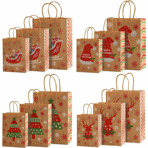 Julegaveposer, 12 stk Kraftpapirposer med håndtak, Store julekraftposer, 3 forskjellige størrelser gaveposer Bursdagspose for godteri til jul