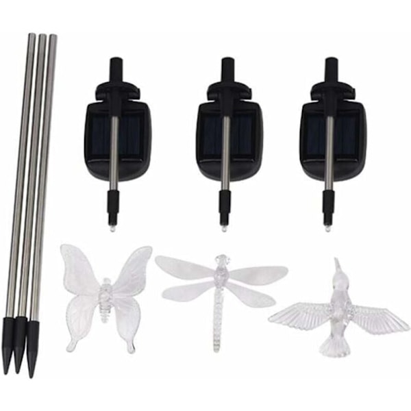 3 kappaletta aurinkokäyttöisiä puutarhavaloja, LED-monivärinen vaihtuva perhonen, kolibri, sudenkorento muodot juhlakoristeluun, nurmikolle, pihalle, polkuvalaistukseen