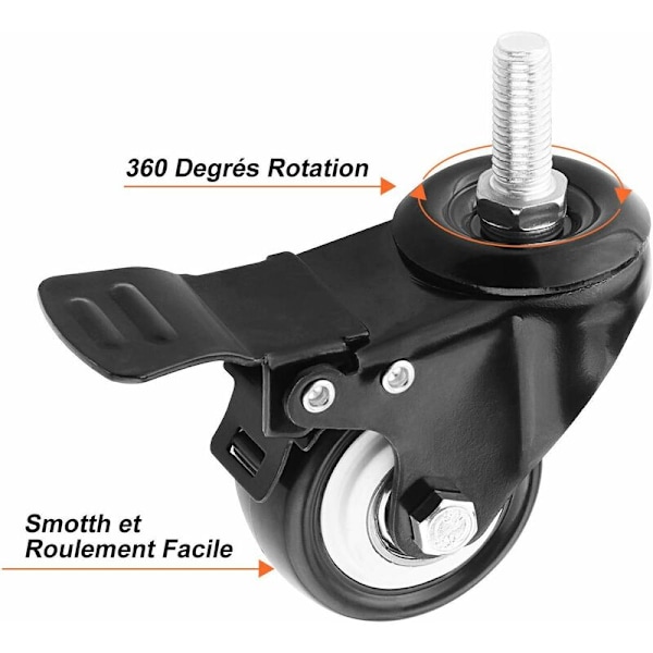 2 Tommer Drejelige Hjul med Bremse, Hårdt Gummi Drejelige Hjul til Håndvogn, Arbejdsborde, Møbler Hjul (M10 X 25 Gevindstang), Pakke