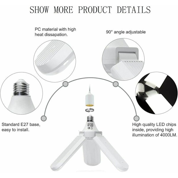 Garasjelampe E27 45W, Kaldt hvitt 6500K 4000Lm Deformerbar verkstedlampe med 3 justerbare paneler, LED-takbelysning, for garasjer, lager, treningsstudioer