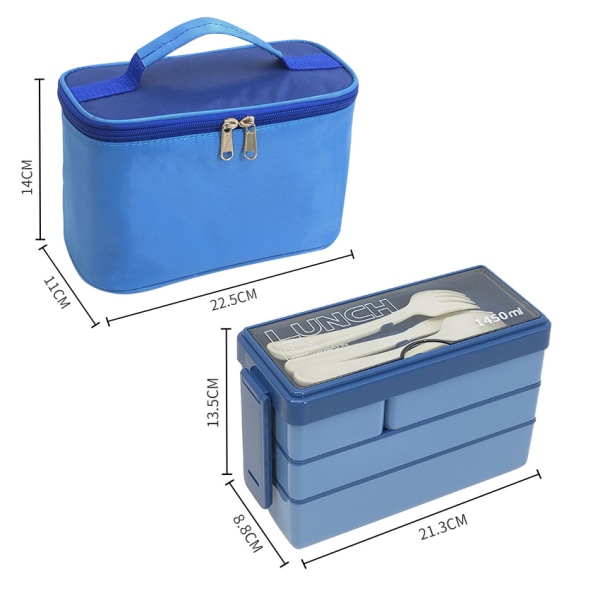 1450 ml 3-lags lunsjboks med bestikksett, lunsjboks med isolert pose Passer for studentkontor Voksenkontor Mikrobølgeovn Tåler oppvaskmaskin (blå)