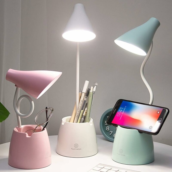 LED-skrivebordslampe, skrivebordslamper med 3 lystilstande og trinløs dæmpning, 360° fleksibel svanehals skrivebordslampe med penneholder og mobiltelefonholder (hvid