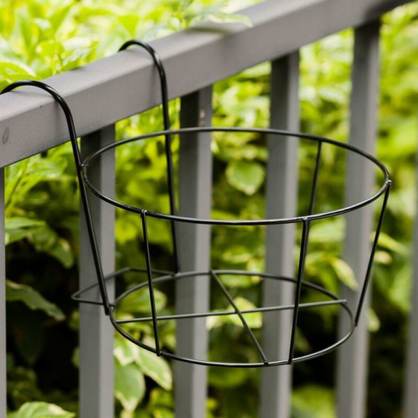 Plantepotteholder, rund blomsterpotteholder i metall, med kroker, for hageb阳台栏杆, svart-1 stk-