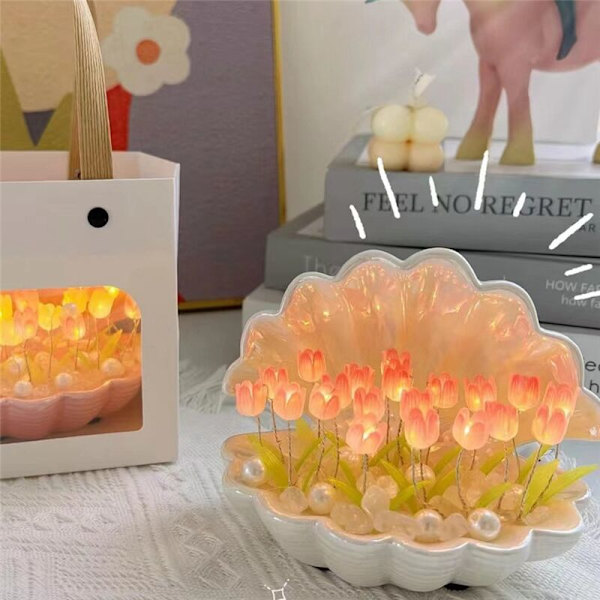 DIY Skjell Tulipan Nattlys Håndlaget DIY Tulipan Jente Stue Nattlys Skrivebordslampe Romantisk Atmosfære Lampe-Hvit