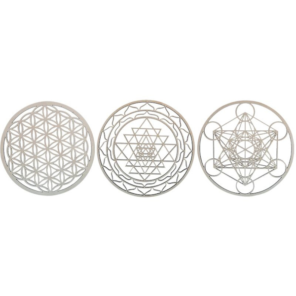 3 st / set av helig geometri konst trä konst set, helig geometri konst, skulptur, väggdekorationer för heminredning