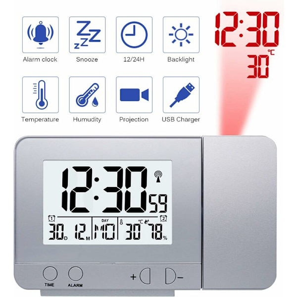 Projektionsure, Elektronisk Vækkeur med Dobbelt Alarm, 12/24 Timer, Dato, Indendørs Temperatur- og Fugtighedsindikator (Sølv)-