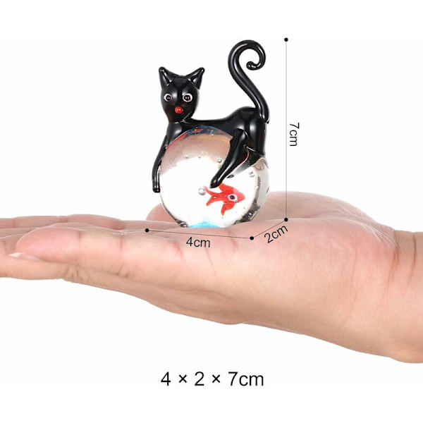 Glasskulptur med katt og gullfisk - Papirvekt - Kattkrystallstatuett - Håndlaget - Dyrefigurer - Dekorative glasspynt - Stue
