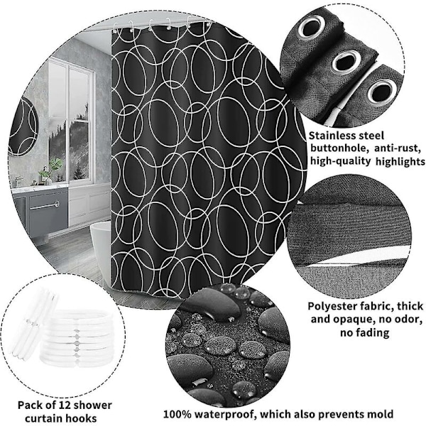 Bruseforhæng Sort, Anti-Mould Proof Resistant, Vandtæt, Vægtede Sømme, Vaskbare Julebadeværelsesgardiner, 100% Polyester, 12 Kroge (100