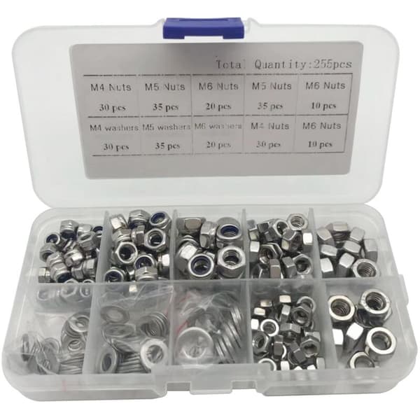 255PCSM4 M5 M6 Nylon låsemutter 304 Rustfritt stål mutter Flat Washer Kit metrisk Hex låsemutter Sett inn låsemutter