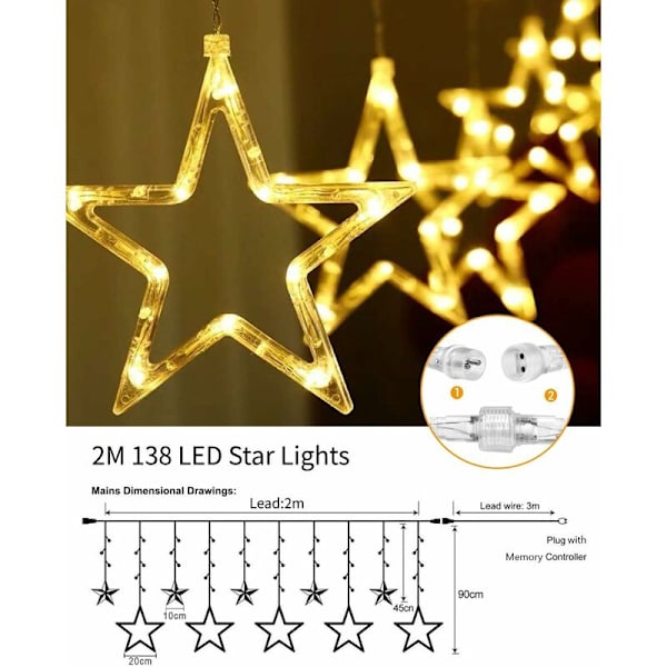 Lysgardin med 12 stjerner, innendørs/utendørs, koblingsbar, 8 lysmoduser, 138 LED-lys, vegglys, fest, jul, bryllup, vindu, hage, bursdag, dekorasjon