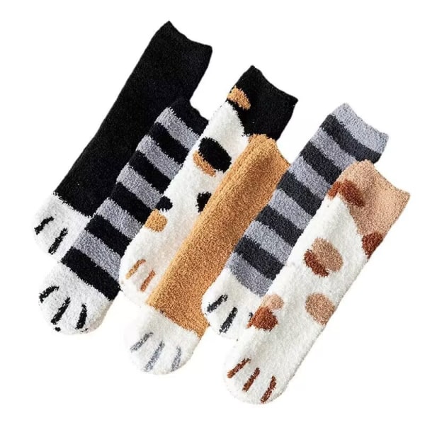 Kawaii Cat Socks Puffy Crew Socks Dame Søde Cat Paw Sokker 6-pak