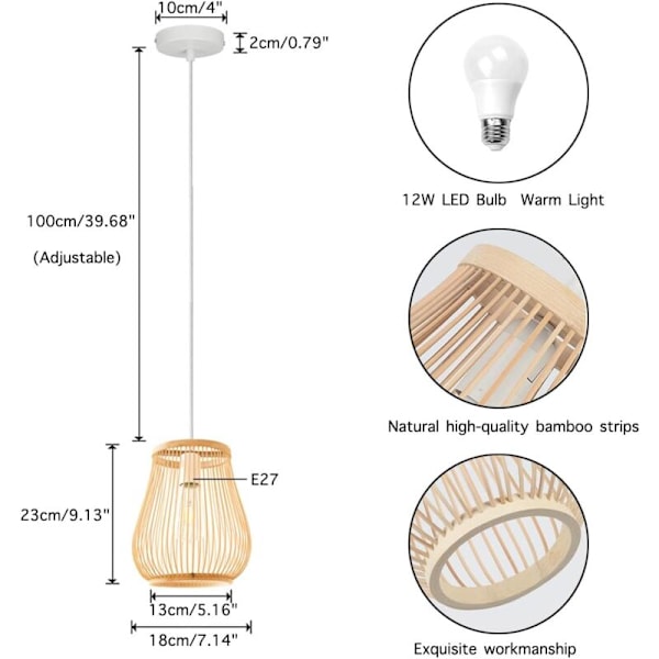 Bambusvevd Hengelampe, Bambuslampeskjerm, Taklampe, Lysekrone, Taklampe Dekorativ Lampe for Restaurant, Stue, Bardisk
