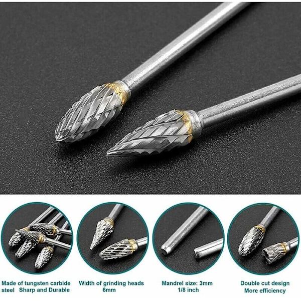 Pyörivä hiomakärkisetti, volframikarbidi, kaksoisteräinen, 10 kpl, 1/8” varsi, pyörivää työkalua varten, DIY, puunveisto, metallin kiillotus, kaiverrus