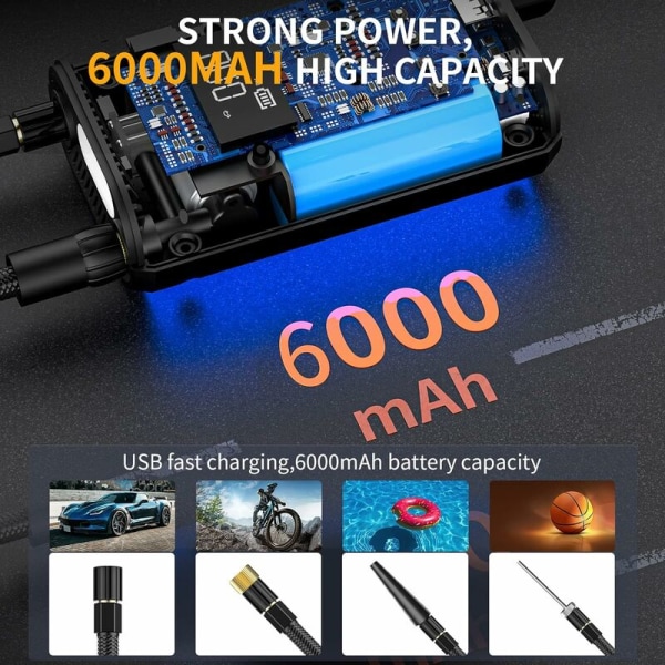6000mAh Mini sähköinen ilmapumppu，Kannettava ilmapumppu Langaton rengaspuhallin 150PSI digitaalisella LCD-näytöllä，Ladattava ilmapumppu autoon, pyörään, M