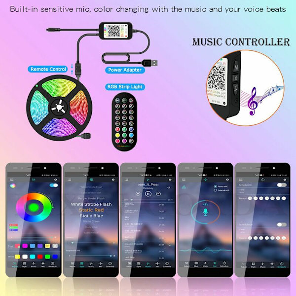 LED-lampor med färgväxlande musiksynkronisering RGB-lampor 5050 SMD APP-kontroll med fjärrkontroll för 1M A-fest