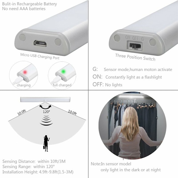 Set med 2 st 10 LED-lampor, trådlösa, USB-uppladdningsbara, magnetiska, rörelsesensor, 2 ljuslägen, bärbara. Skåpsbelysning, nödbelysning.