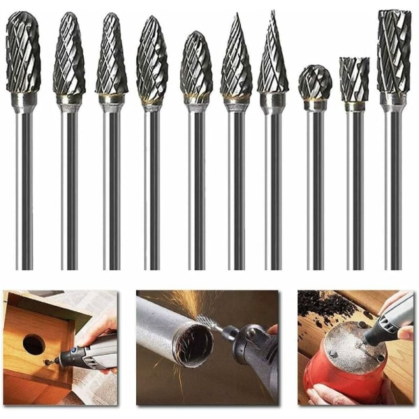 10 stk. dobbeltsnit tungstenstål solide hårdmetal roterende fræsere sæt 3 mm skaft bor bit twist stænger til Dremel roterende værktøjer