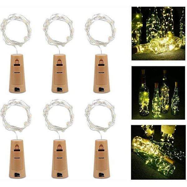 6 stk. LED-flaske lys, 20 LED-lys 100 cm varmt hvidt lysstreng kobbertråd batteridrevet vinflaske lys med korkguirlande til DIY jul