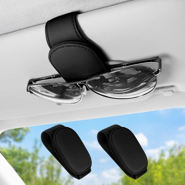 Solbriller Holder til Bil, 2 Solbriller Holder i PU Læder Magnetisk Solbriller Port Solskærm, Visor Brilleholder Universal Biltilbehør, Sort