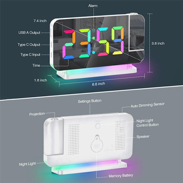 Projektionsvækkeur, 7,4 tommer LED-spejl digitalt ur, stor skærm, 180° roterbar projektor, hvid natlampe