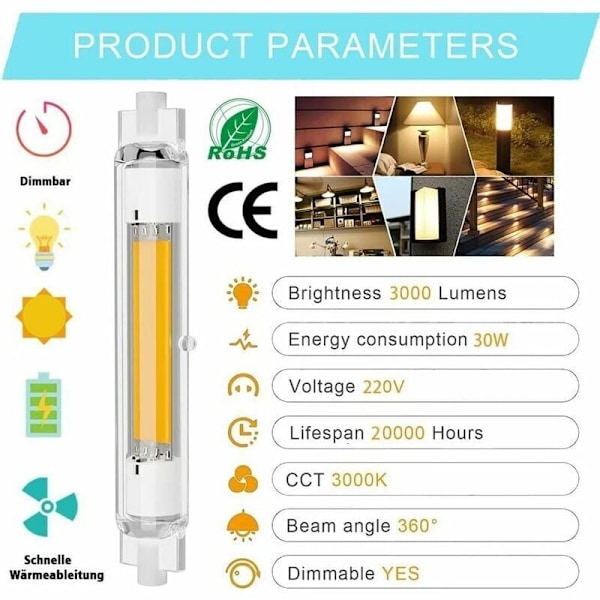 R7S 118mm 30W himmennettävä LED-lamppu, vastaa 300W halogeenivaloa, lämmin valkoinen 3000K, vilkkumaton, 3000LM, 360° valaistus, 2 kpl pakkaus