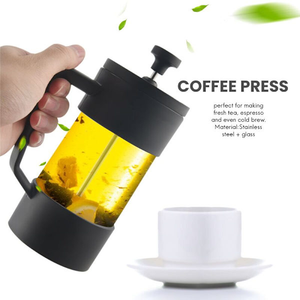 Fransk Press Kaffemaskine og Te-brygger, Rustfri og Opvaskemaskine Sikker Fortykket Borosilikatglas Kaffe-presse, Sort