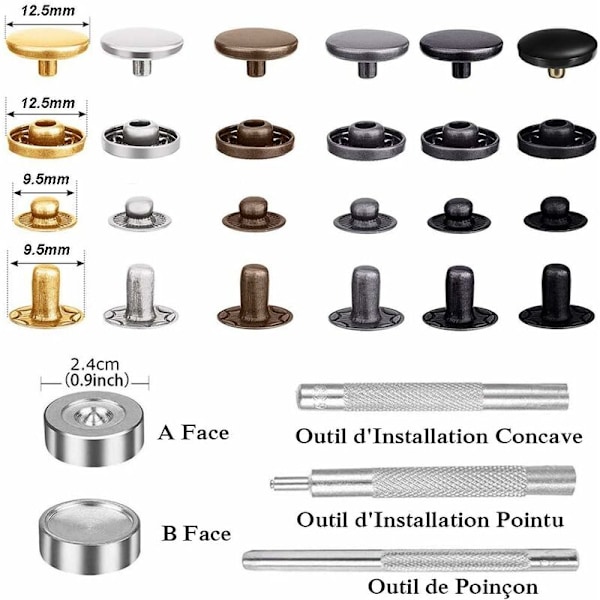 120-sats Lädertryckknappar Kit 6 Färger Metallknappar med 4 st Fästverktyg för Kläder, Läder, Jacka, Denimkläder, Väskor, Armband 2 Storlekar