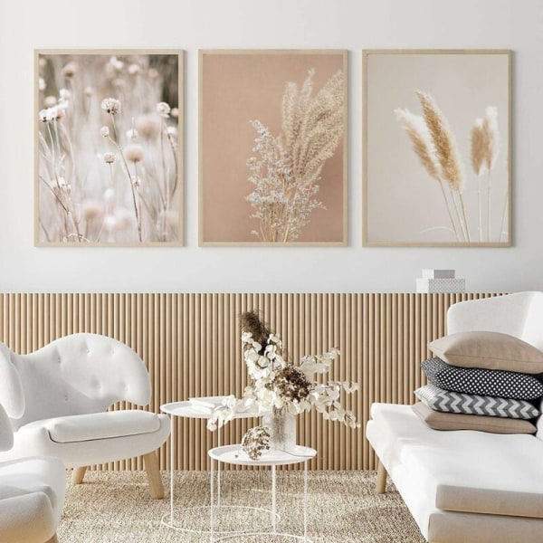 Painting Canvas Prints Pampas Grass Plants Nature Landscape Dried Grass Modern Boho Botanical Poster Gallery Pictures 20x30cm(8x12in) x3 Unframed