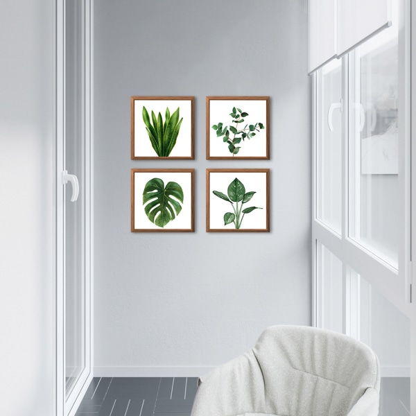 Väggkonst med fyrkantig set och botaniska växter Tropiska gröna lövkonstverk för galleriväggar eller heminredning