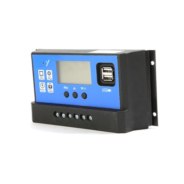 Solcellepanel-laderegulator, 12V/24V, 30A, LCD-display, dobbelt USB-port