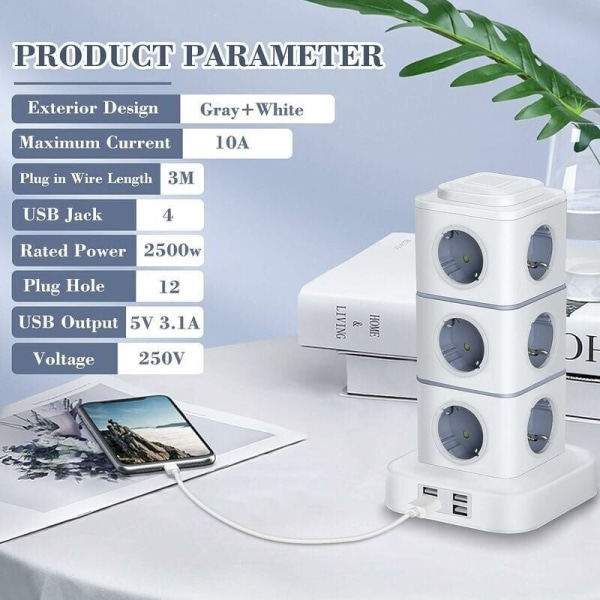 Strømskinne, 12 stikkontakter (2500W / 10A) med 4 USB-porter, multistikkontakt, vertikal strømskinne med overspenningsvern