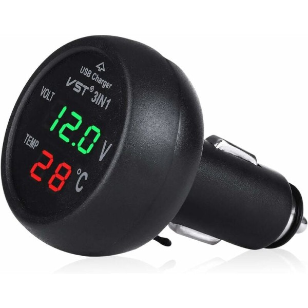 12-24V Car Charger Socket with USB Port/Voltmeter/Thermometer for Cars (Green+Red)
