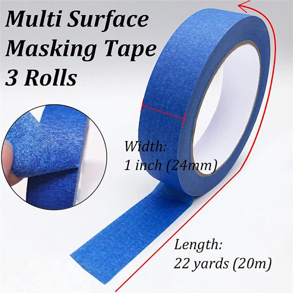 3 ruller malertape, blå, multi-overflade, medium klæbeevne, sikker vægmaling, kantfinish - 1 tomme x 22 yards