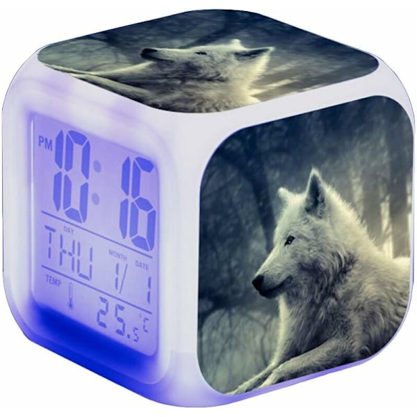 Varg LED-väckarklocka, Barnväckarklocka vid sängen, Kvadratisk, Upplyst LCD-display, Varguppgift (18) HIASDFLS