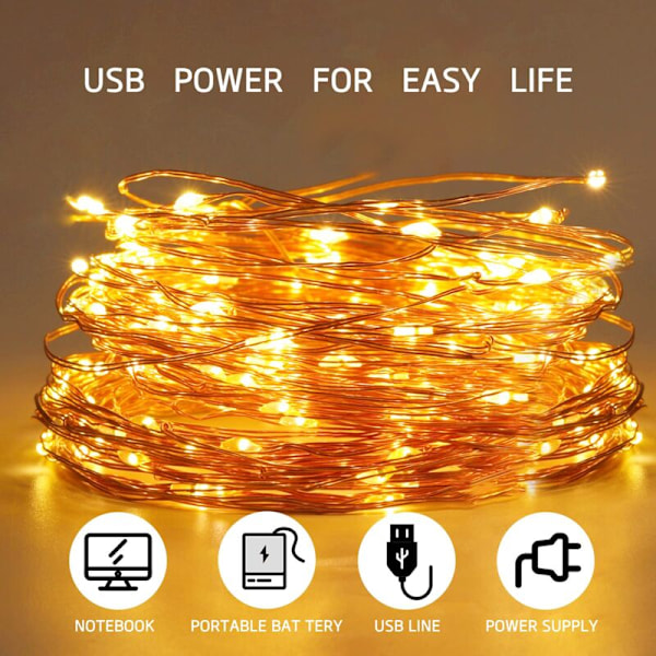 LED-ljusslingor, 20m 200LEDs USB Vattentäta LED-ljusslingor, IP65 Vattentäta Varmt Vita Utomhus Inomhus Ljus för Landsbröllop, Jul, Va