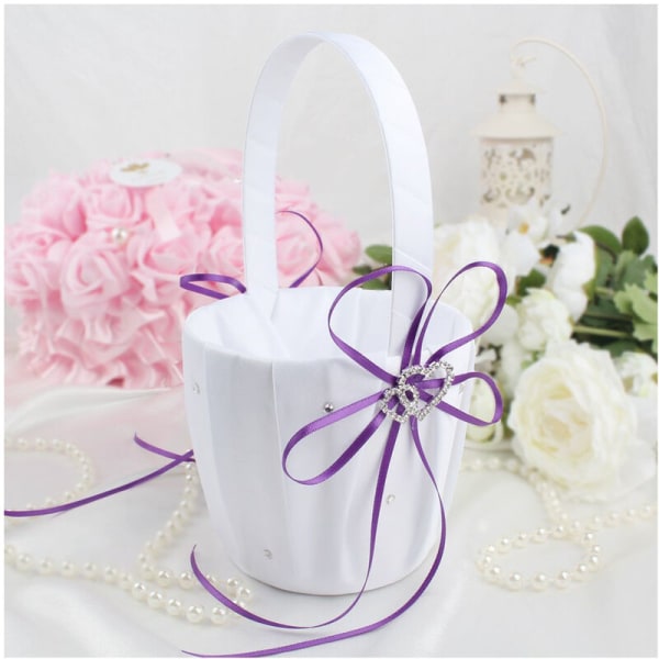 Dobbelt hjerte bryllup pige kurv hvid satin rhinestone dekor lilla bryllup fest favoriserer
