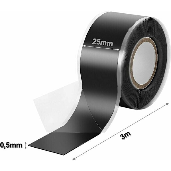 1x 3m Itseliimautuva Silikoniteippi (itseliimautuva), eristysteippi ja tiivistysnauha (vesi, ilma), 25 mm leveä, musta