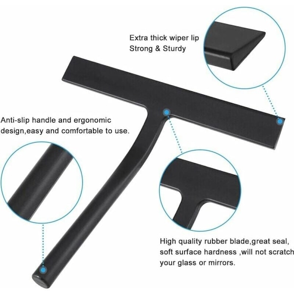 Silikonskrapa för dusch med kärna i rostfritt stål för dusch, badrum, spegel, glas, kakelrengöring (svart)